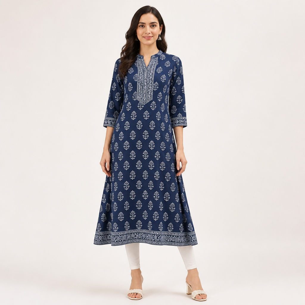 Women's Indigo Printed Kurti — Indigo Blue