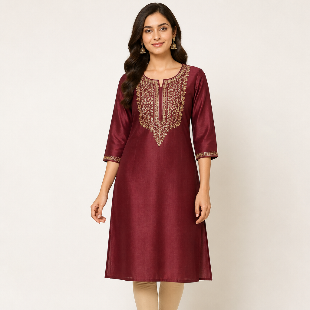 Women's Maroon Embroidered Kurti — Maroon